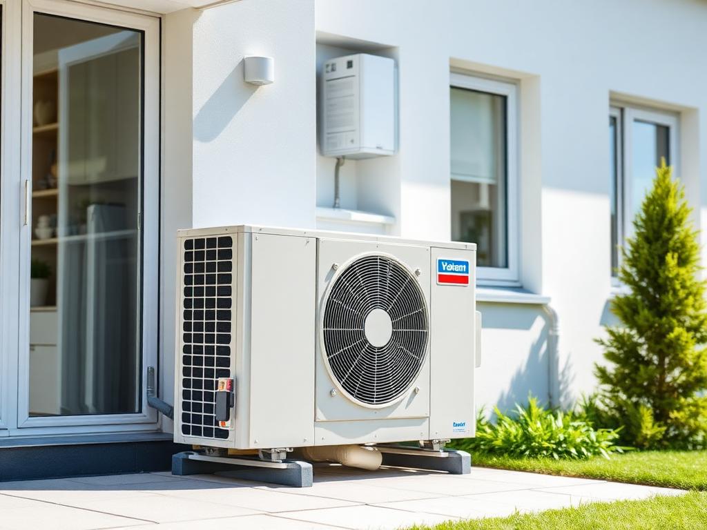 Außeneinheit einer modernen Wärmepumpe an einem Wohnhaus