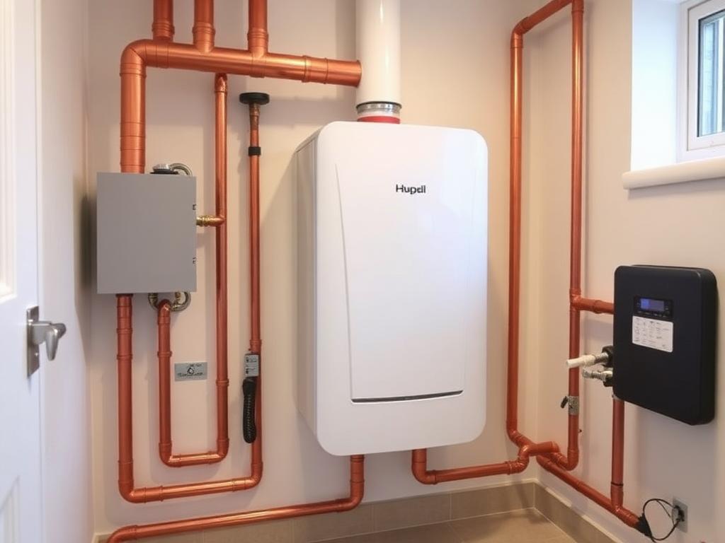 Modernes Brennwertgerät mit präziser Kupferinstallation